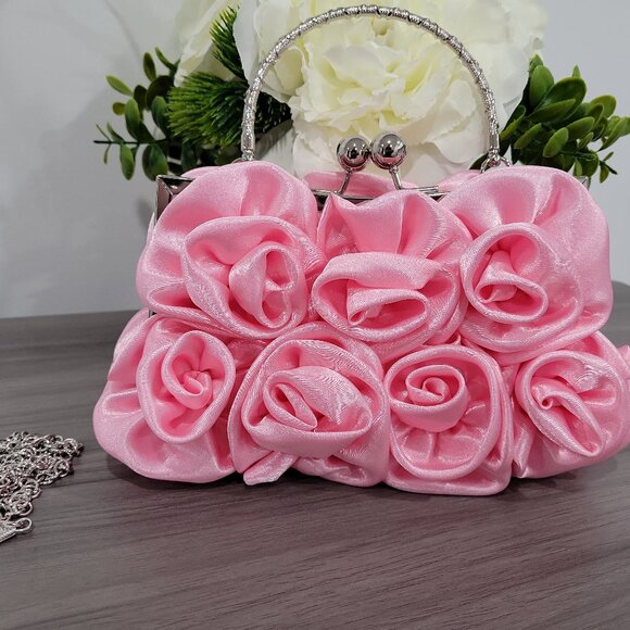 Prom / Wedding Pink Satin Roses Party Clutch Purse w/Rhinestone Handle & Chain - Picture 11 of 11